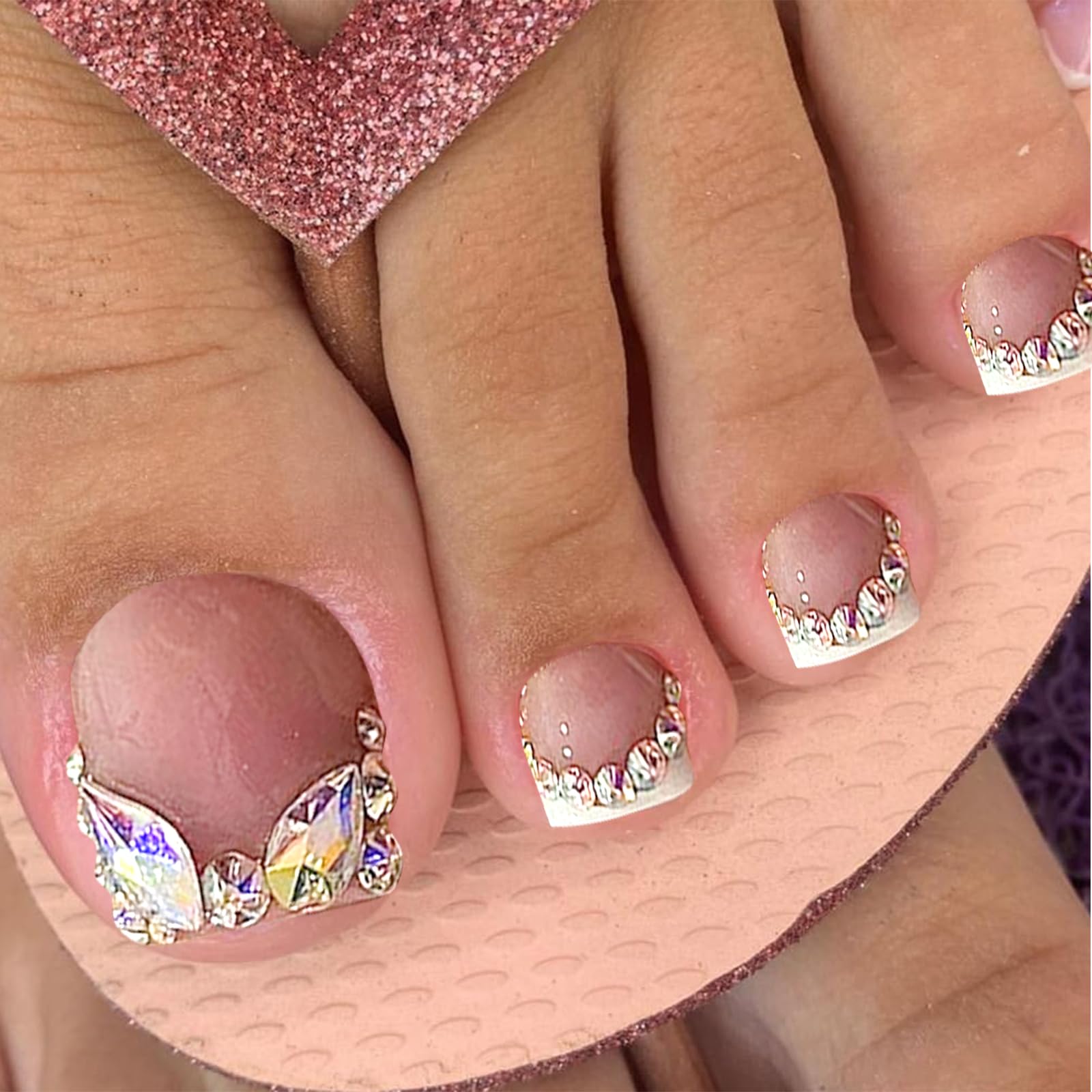 Calkrer 24pcs Blanco Francés Rosa Press-On Uñas de los pies, cobertura completa de acrílico uñas postizas con 3D Rhinestone Charms Diseño. Uñas de los pies con pegamento de gelatina.