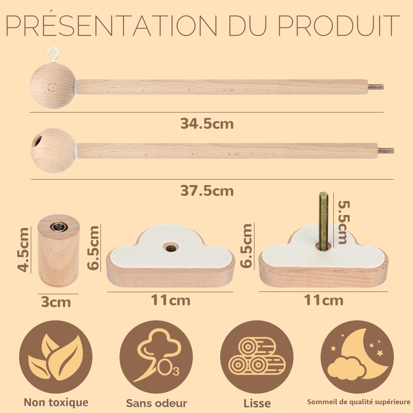 Farerkass Support Mobile Bebe Bois, Support pour Mobile Bébé Réglable en Hauteur, Idéal pour Lit de Bébé et Table à Langer, Suspension Carillons Éoliens et Décoration pour Chambre Fille et Garçon