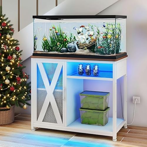Miniatura 12 de DWVO Soporte de acuario de 40 a 50 galones con tomas de corriente y luz LED, gabinete para almacenamiento de accesorios de pecera - Soporte de metal