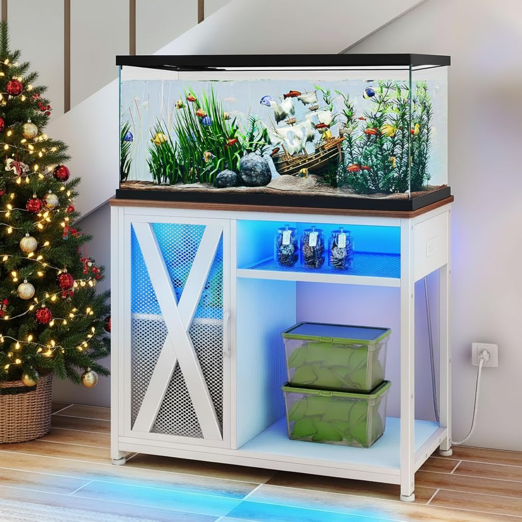 DWVO 40-50 Gallon Aquarium Stand with Power Outlets & LED Light, Cabinet for Fish Tank Accessories Storage - Metal Fish Tank Stand Suitable for Turtle Tank, Reptile Terrarium, 660LBS Capacity, White