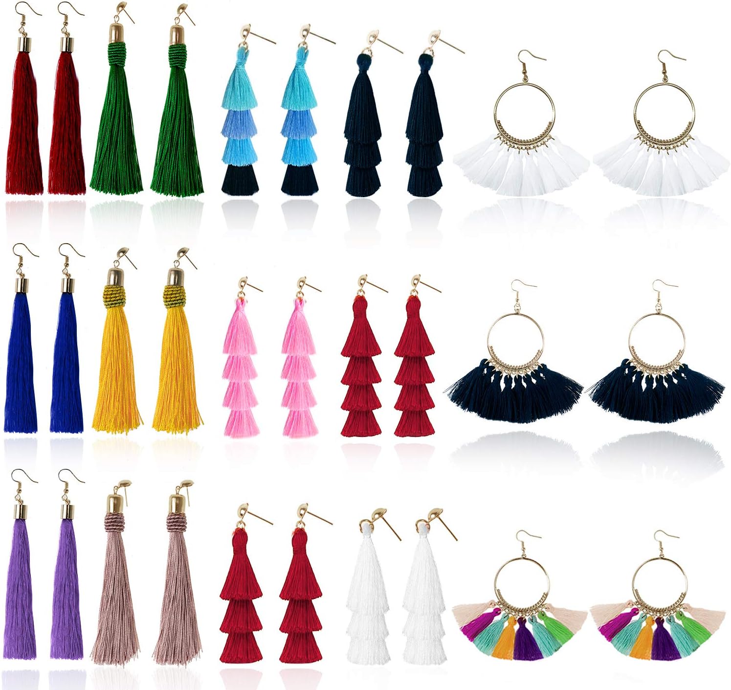 Tassel Earrings for Women Fashion - 15 Pack Colorful Drop Hook Fringe Earrings Set Tiered Thread Long Layered Ball Dangle Hoop Tassle Earrings Jewelry for Valentine Birthday Party Gift