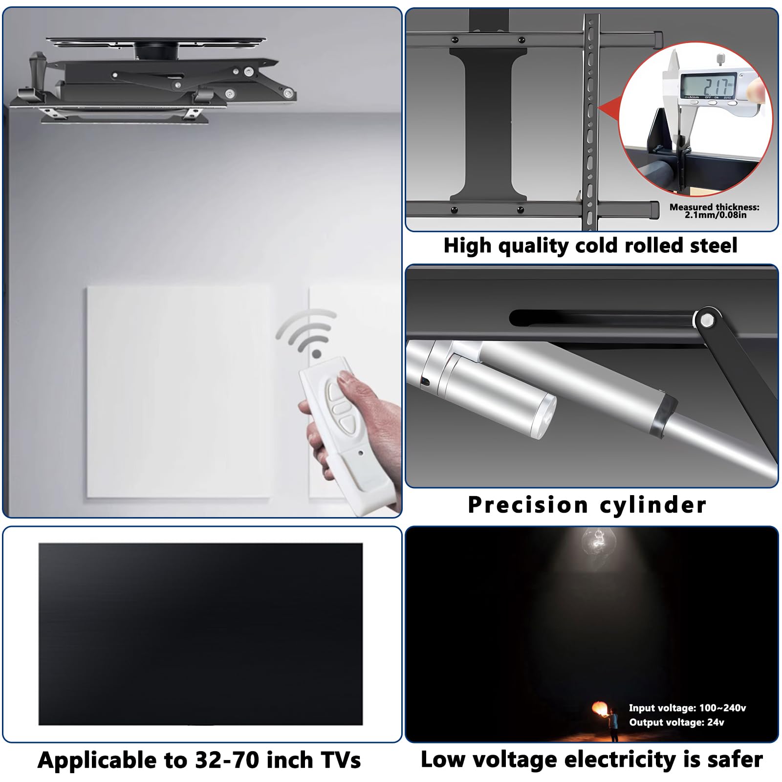 supporto motorizzato tv per soffitto ribaltabile e girevole, Regolazione dell'angolazione da 0 a 90° staffa tv soffitto motorizzata con telecomando per schermi da 32 a 70 pollici (black, 32-70 inch)