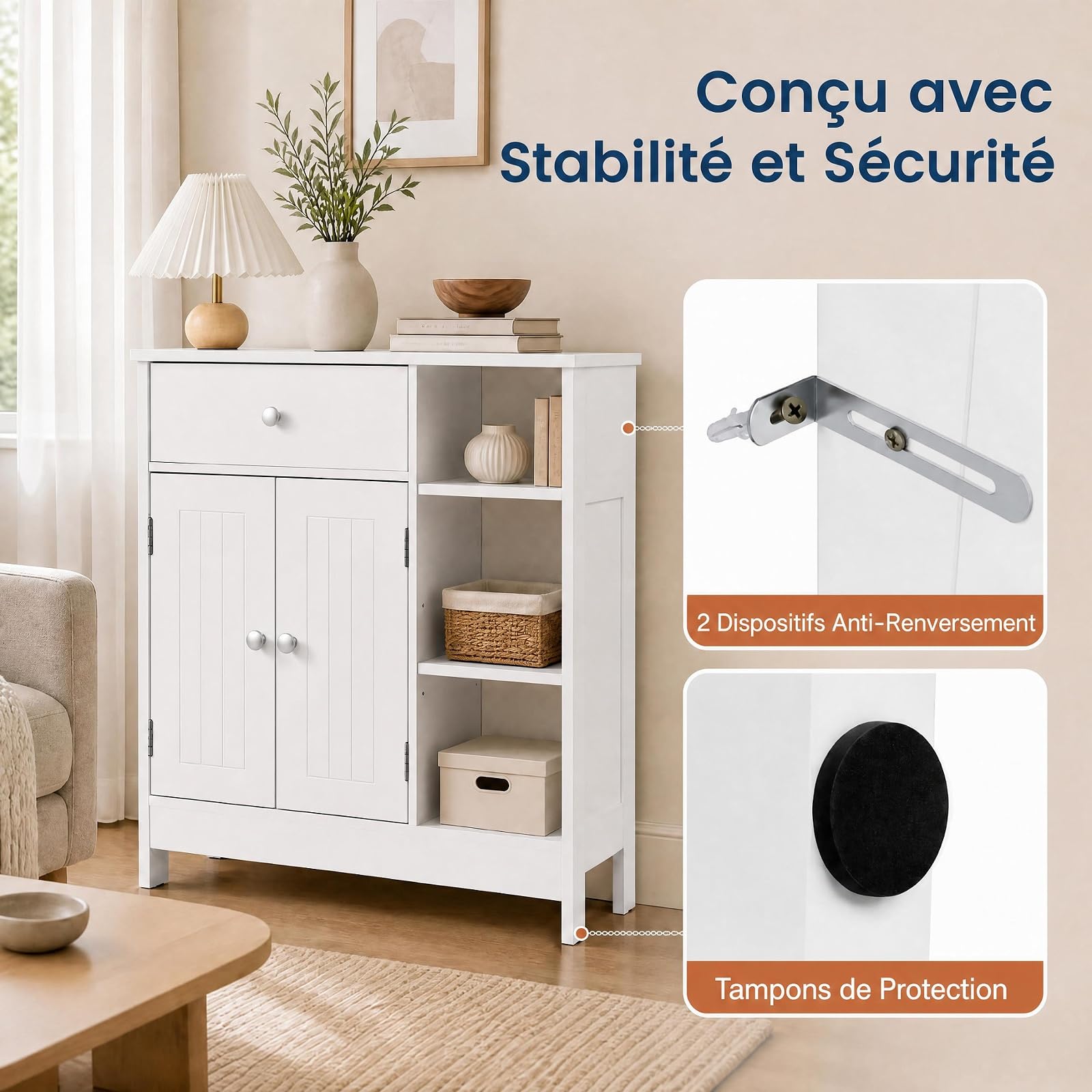 LIFEZEAL Meuble Salle de Bain Rangement avec Etagère Réglable, Armoire de Rangement sur Pied avec Tiroir et 3 Compartiments, Meuble de Rangement en Bois, 75 x 30 x 80 cm (Blanc)