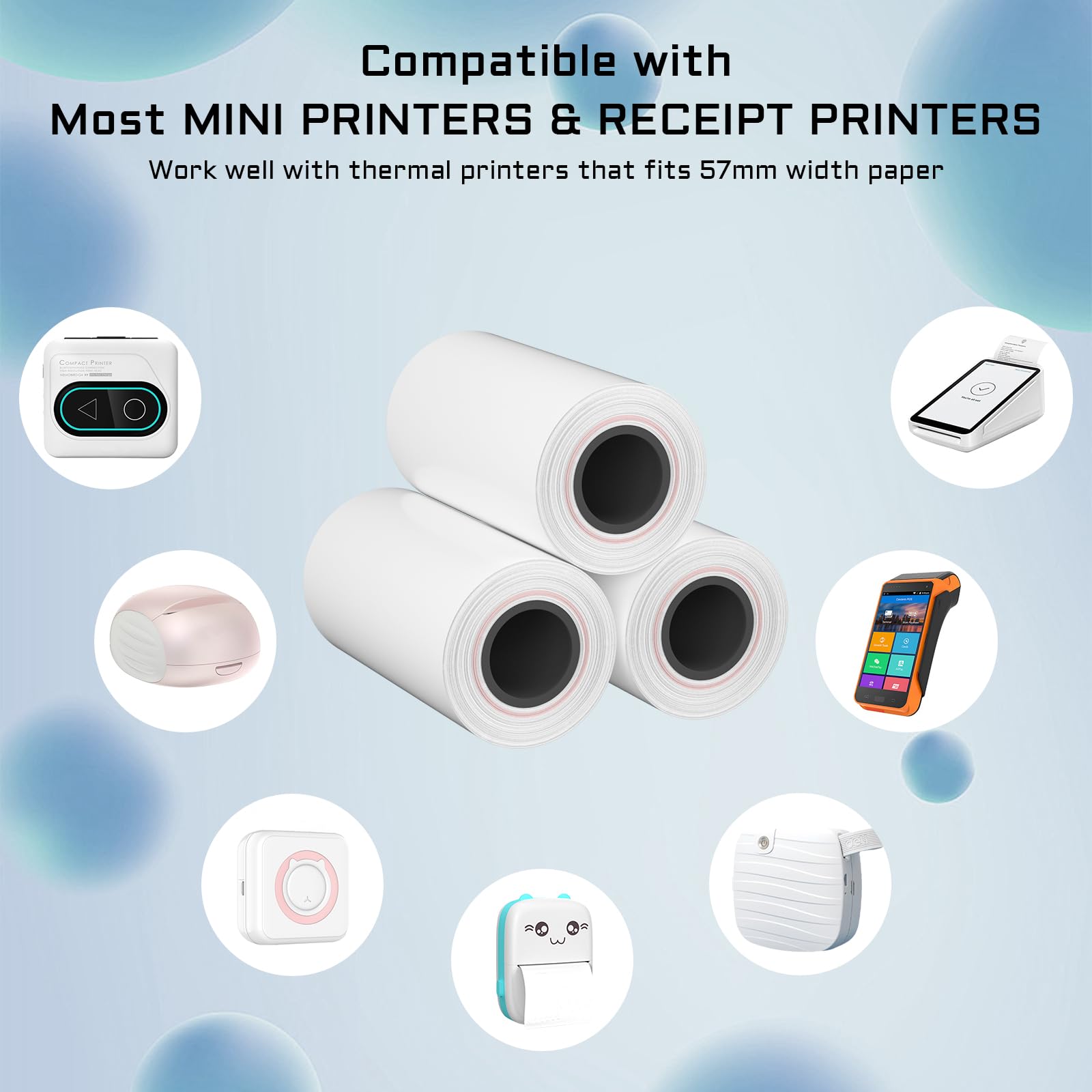 10 rollos de papel térmico de 57 x 30 mm, papel de impresión térmica directa no adhesivo para mini impresora, rollo de papel de recibo móvil de 2 1/4 pulgadas, sin BPA