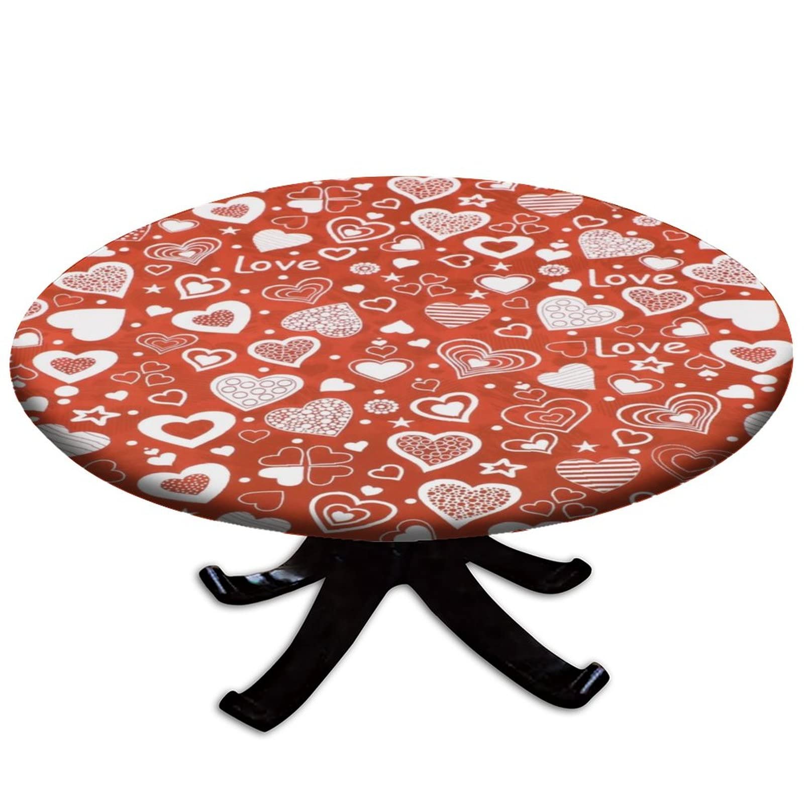 SongYi Valentines Day Round Tablecloth, Valentines Decor Waterproof Fitted Tablecloths for Outdoor Indoor, Heart Print Wipeable Elastic Table Cover for Dinner Party, Fits 28
