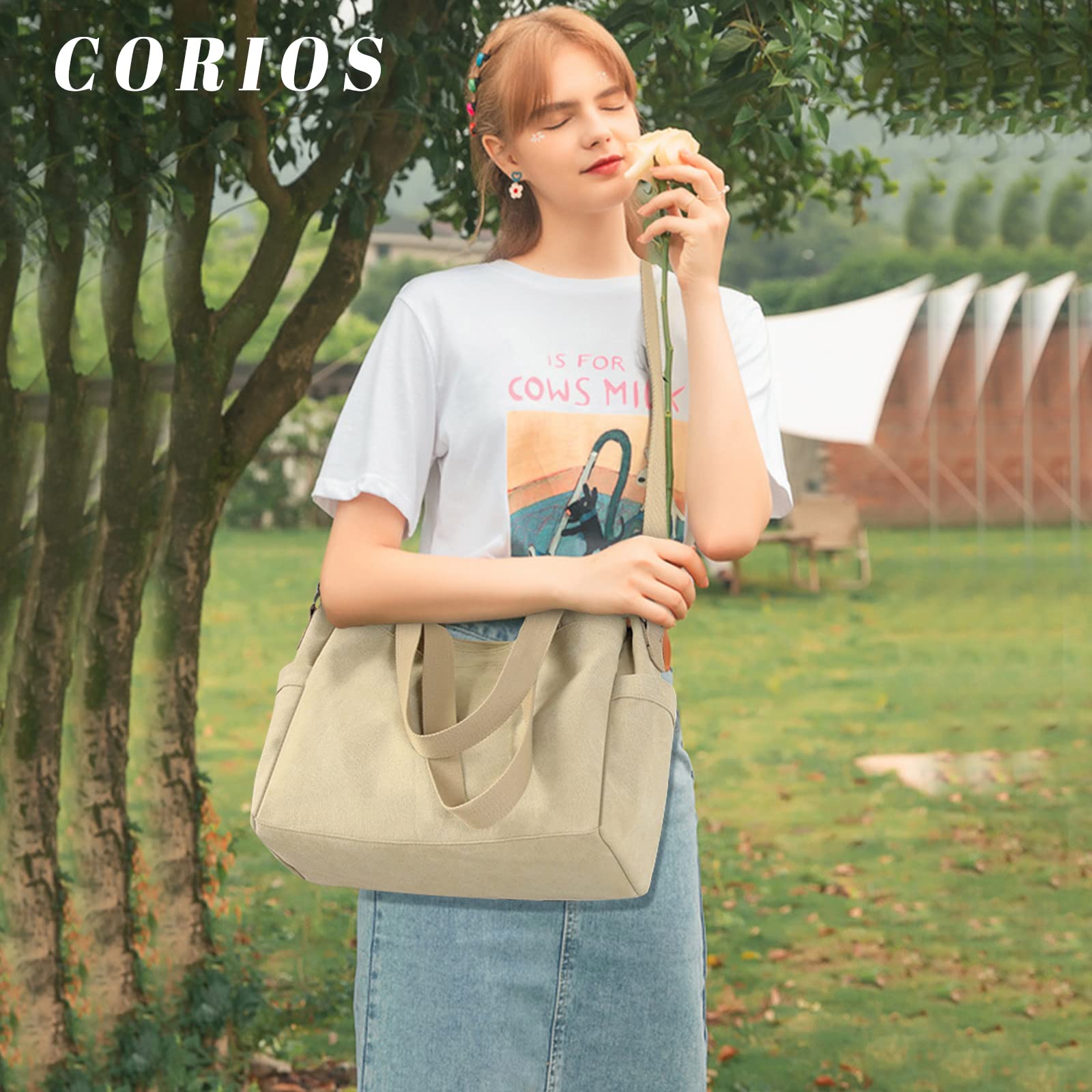 CORIOS Bolso de Hombro para Mujer Bolso Bandolera Lona Bolso de Mano Gran Capacidad Bolsa Shopper Casual Bolso Tote Multifuncional Bolsa de Ocio para Compras Viajes Citas Trabajo Caqui