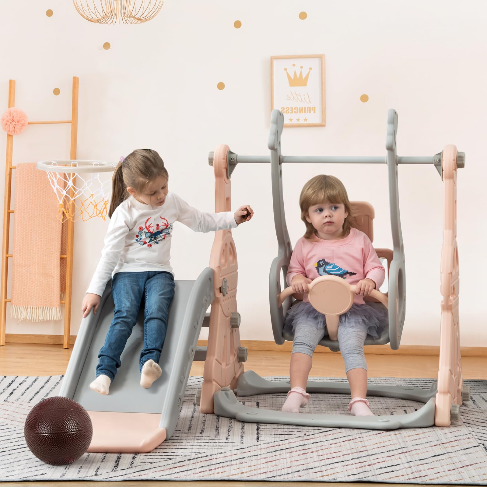 Tobogán infantil 4 en 1, columpio, juego de toboganes infantiles con escaleras, columpio, tobogán y soporte de baloncesto, rosa