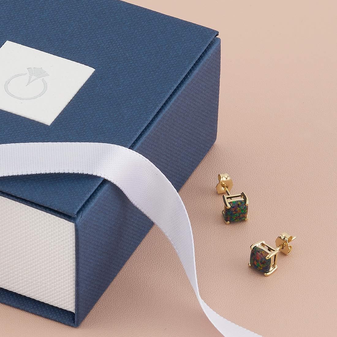 Peora 14K Yellow Gold Created Black Fire Opal Stud Earrings for Women, Hypoallergenic Solitaire, Cushion Cut 6mm, 1 Carat total, October Birthstone, Friction Back, Dainty, Iridescent Earrings,