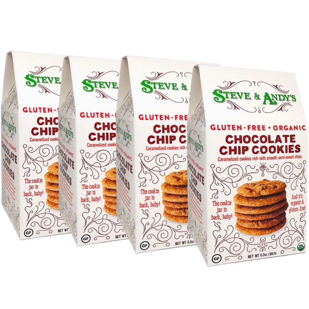 Steve & Andy’s Organic Gluten-Free Crispy Chocolate Chip Cookies, Non-GMO for Healthy Snacking, No Corn or High Fructose Corn Syrup – 4 Boxes