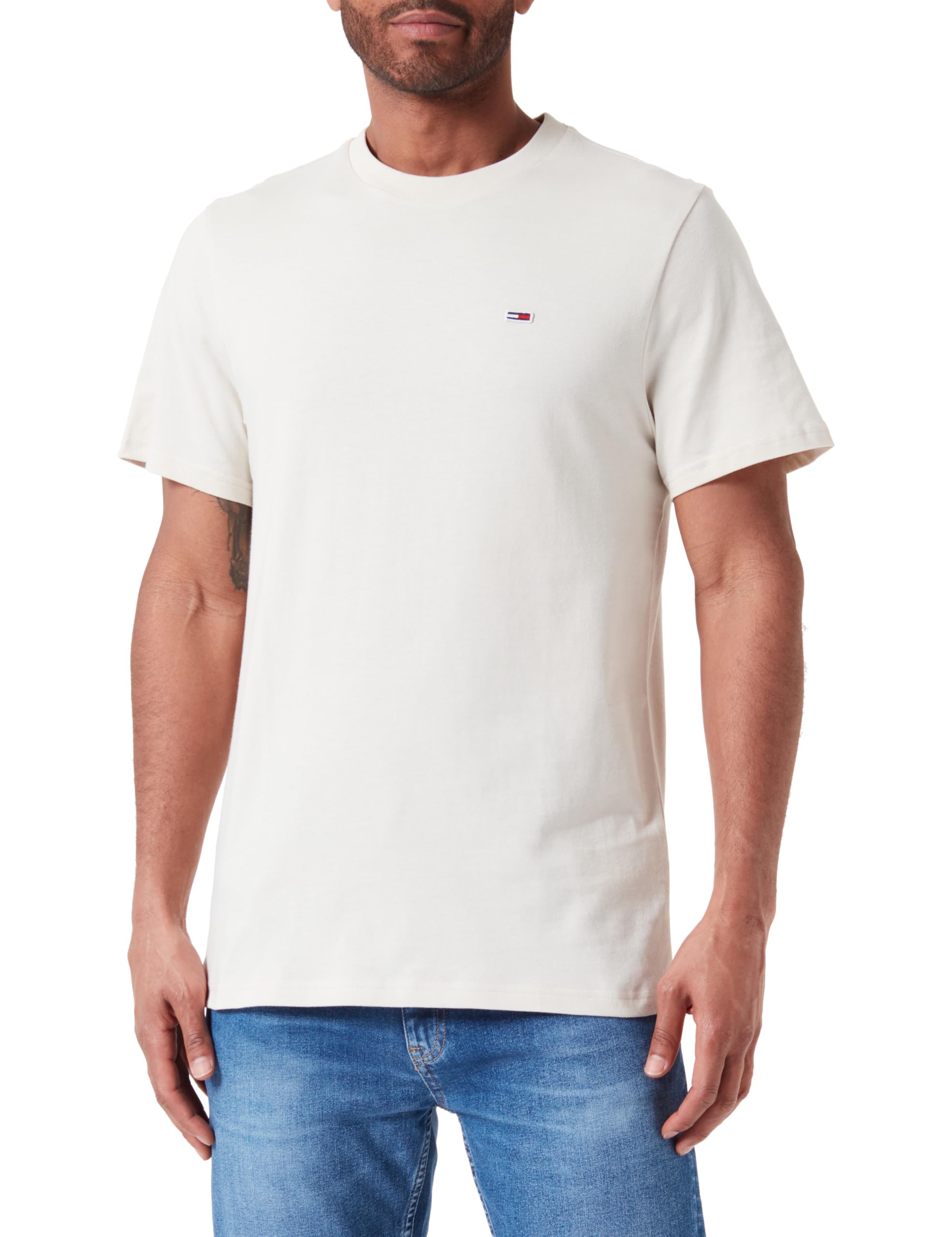 Tommy Jeans Men's Tjm Slim Jersey C Neck Ext Dm0dm09598 S/S Knit Tops, Newsprint, S
