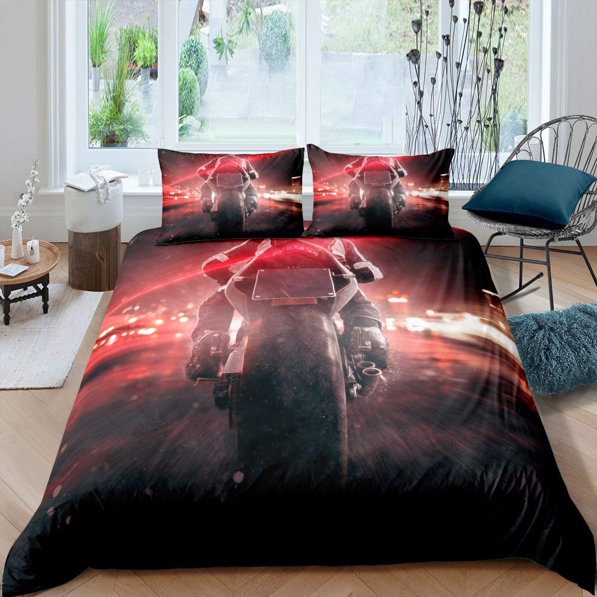 Homemissing Mountainbike Dekbedovertrek Motocross Racer Beddengoed Set voor Kids Jongens Meisjes 3D Shining Dirt Bike Decor Trooster Cover Extreme Sport Sprei Kamer Decor 3 Stks Koning, Rits