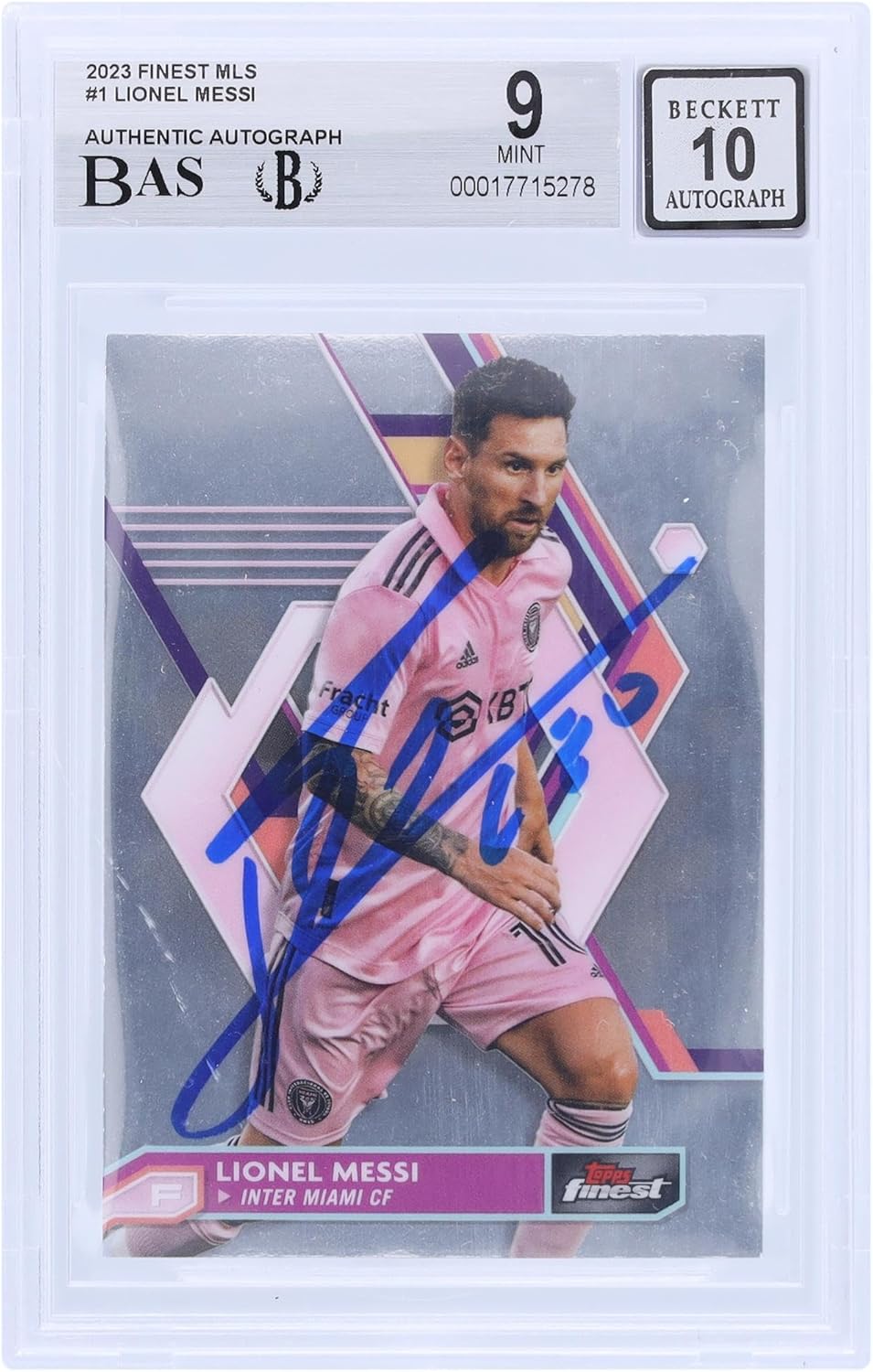 Lionel Messi Inter Miami CF Autographed 2023 Topps Finest MLS #1 BAS Authenticated 9/10 Card - Autographed Soccer Cards