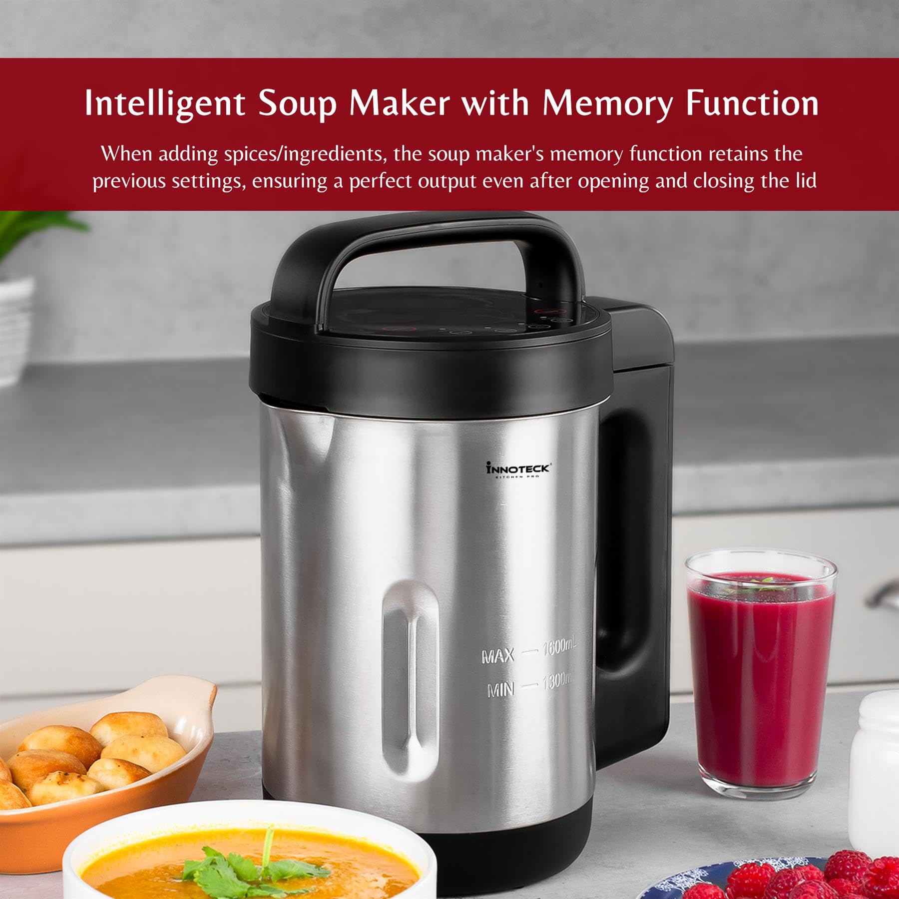 Innoteck Kitchen Pro Machine à soupe avec pichet en acier inoxydable – Idéal pour une soupe lisse, épaisse ou un smoothie sain – 4 fonctions prédéfinies – Affichage numérique de la minuterie –