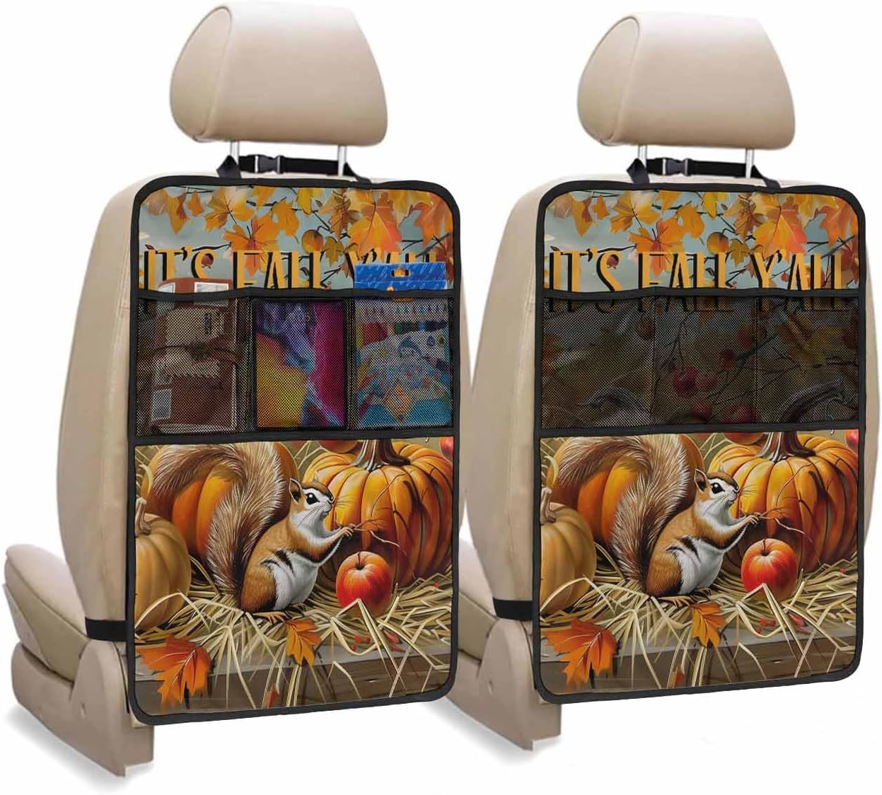 Car Seat Protector, 2 Pack Kick Mats with Organizer - 3 Pocket Storage, Fall Pumpkin Cute Squirrel Thanksgiving Maple Leaves Back Seat Cover for Kids Universal Fit Automotive Interior Protectors