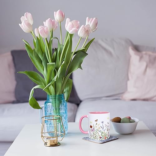 Miniatura 6 de Whaline 2 tazas florales con asa de 12 onzas con diseño de mariposas silvestres y flores silvestres, taza de regalo de primavera y verano para