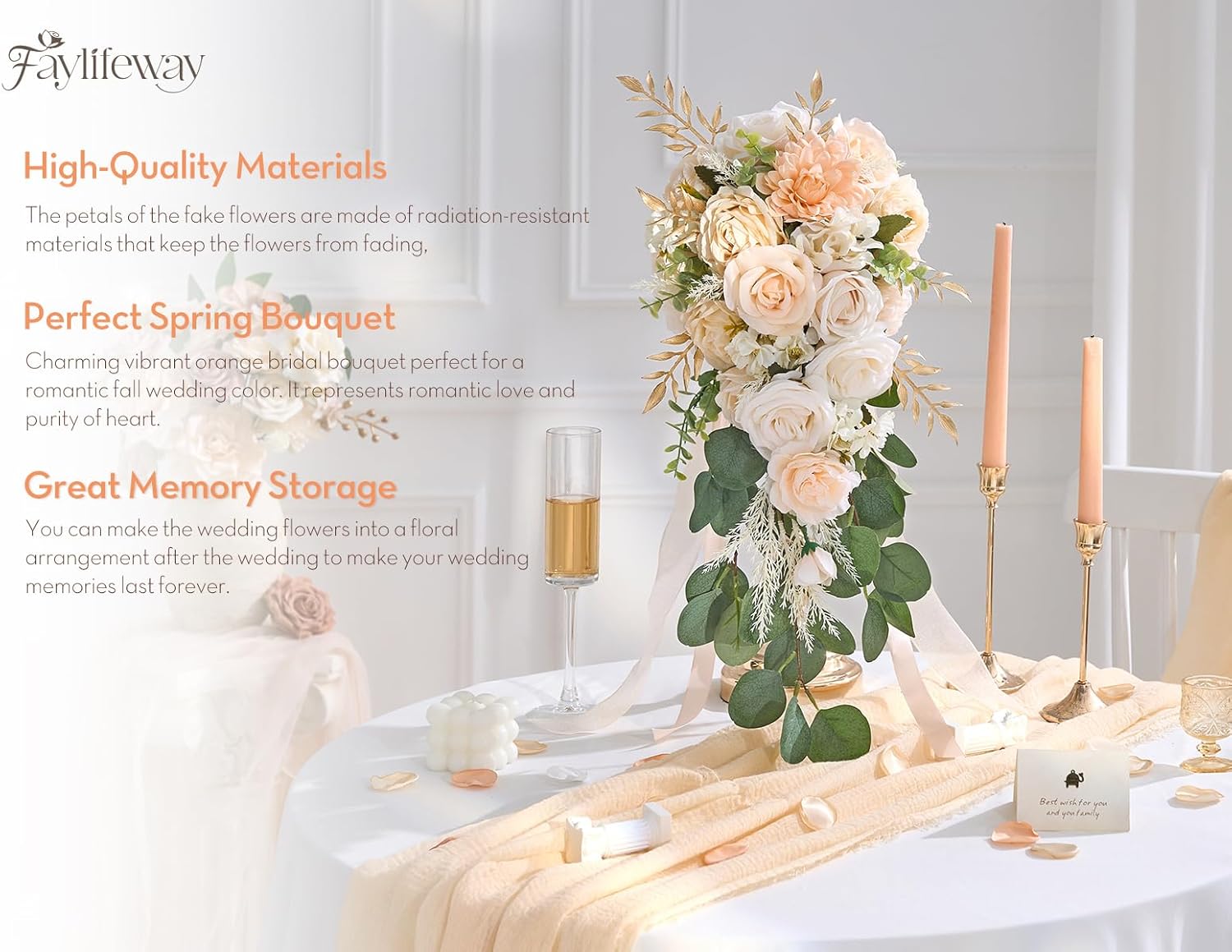 Wedding Bouquets for Bride, Champagne Cascading Bridal Bouquet Artificial Flowers，9.8 Inch Bride Bouquets for Wedding Decoration, Boho Ceremony,Church, Anniversary Decor - Image 9