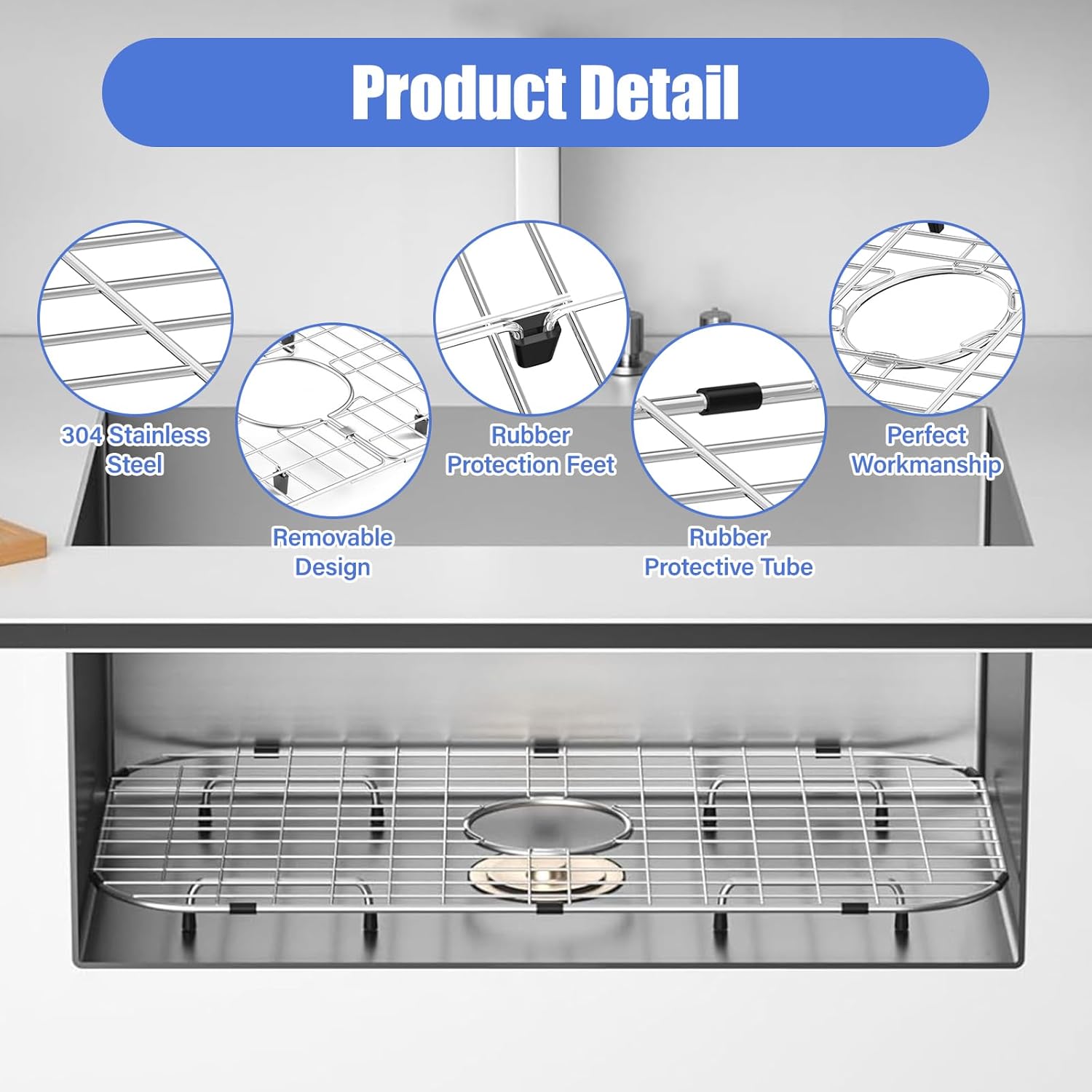 Sink Protector Grid, sink protectors for kitchen sink, 26''x14.1'' Corner radius 3-1/2'', Center Drain, 304 Stainless Steel for Kitchen Sink Bottom, Scratch Prevention