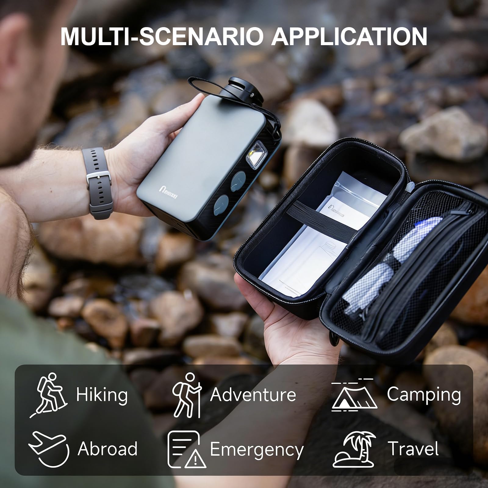 Bomba de filtro de agua eléctrica portátil, purificador de agua de 0.01 micras, sistema de filtración de agua de supervivencia para senderismo, camping, viajes y emergencias.
