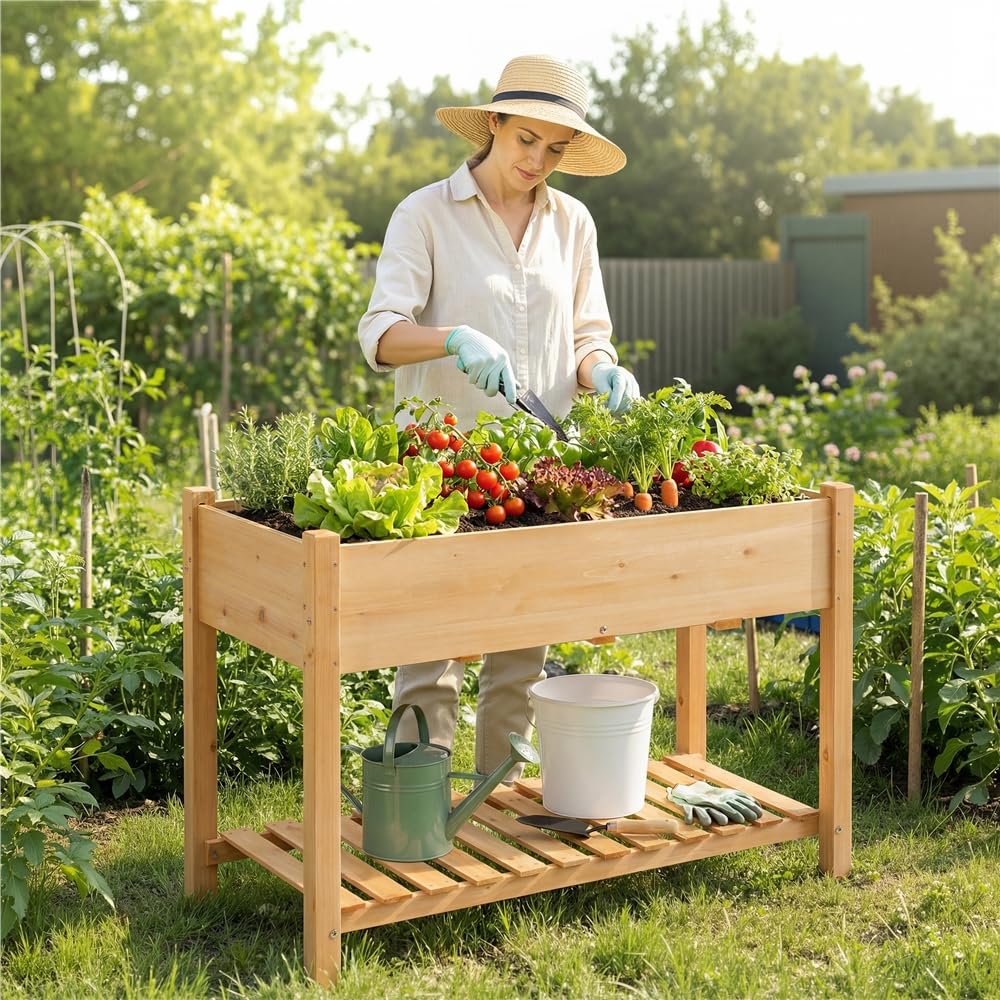 Yaheetech Huerto Urbano 2 Pisos con Estantes Jardinera Elevada de Madera Abeto Mesa de Cultivo para Plantas Flores Balcón Jardín 119x80x57cm