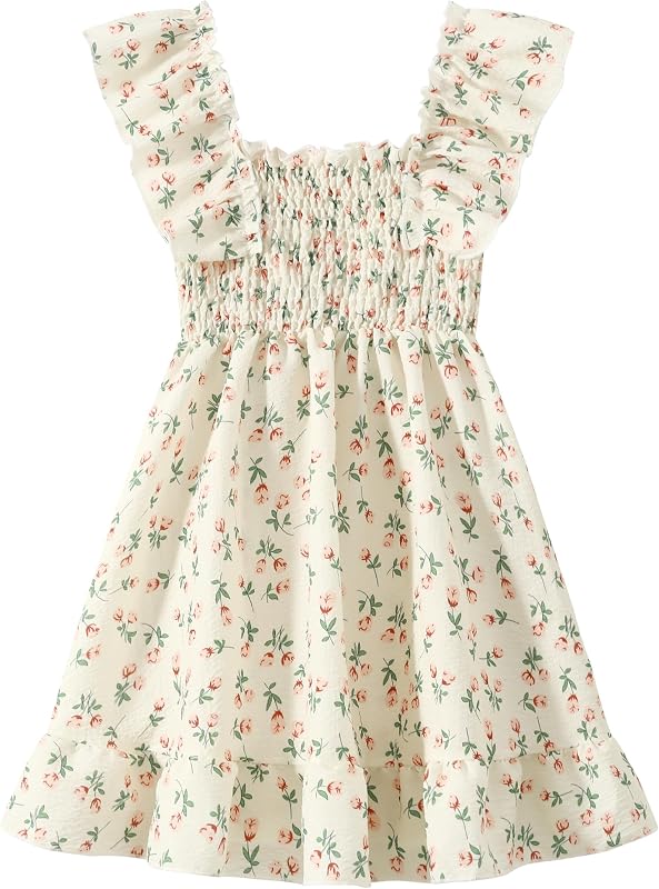 Girls Summer Dress Floral Ruffle Sleeve Swing Flowy Dresses A-line Sundress for Girls Casual Beach Wedding Dress