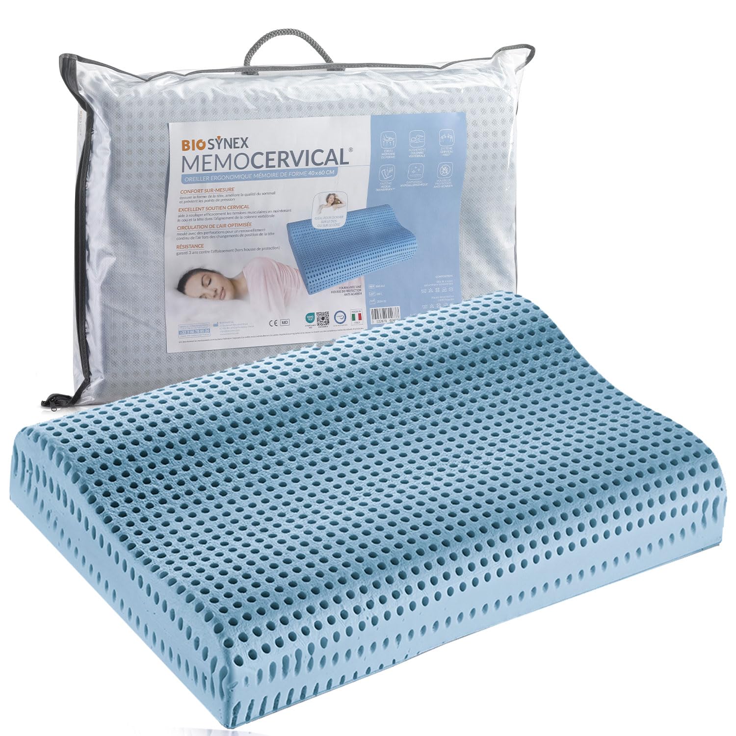 BIOSYNEX - MEMOCERVICAL - Oreiller Ergonomique Rectangulaire à Mémoire de Forme - 40 x 60 cm - Dispositif Médical - Fabriqué en Italie (Bleu, Double Vague)