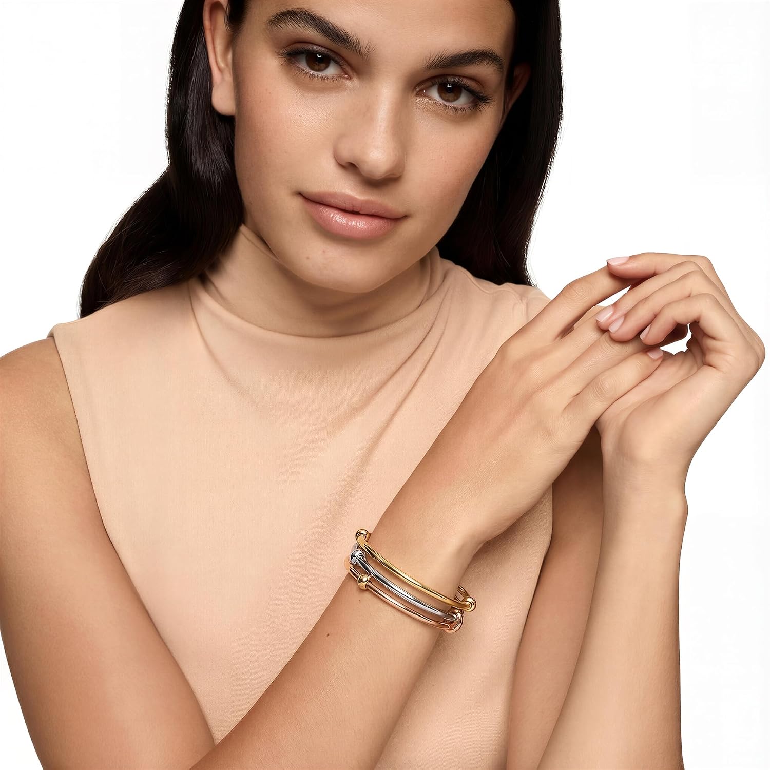 mixed metal Tri-Tone Bangles Bracelet for Women, 3/5 Pcs Stainless Steel Gold Plated Stackable Bracelet Set, Stylish Jewelry Gift image 4