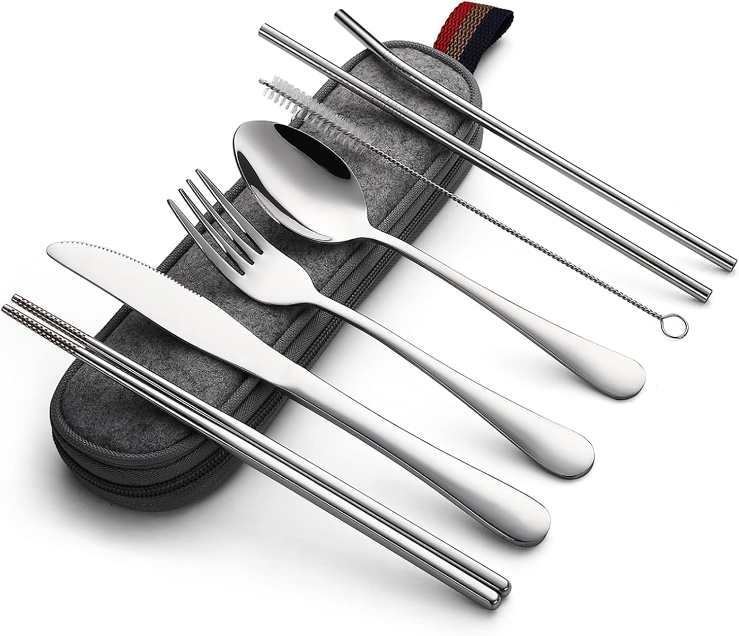 McMola 8 Piece Camping Cutlery Set for 1, Stainless Steel Travel Utensils with Portable Case, Individual Silverware Set Includes Reusable Knife, Fork, Spoon, Straws and Chopsticks