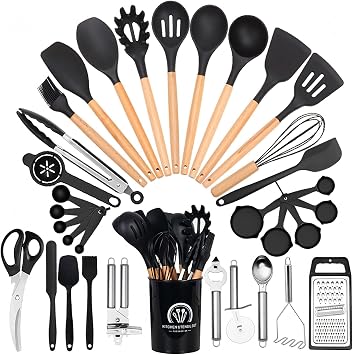 Cookware Set, 34-Piece Silicone, Kitchen Tool Set, Living Alone, Kitchen Supplies, Housewarming Celebration, Mothers Day Gift, Heat Resistant, Durable, Wooden Handle, Suitable for Japanese and Western Cooking, Antibacterial, Scratch-Resistant, Spatula, Ladle, Tongs, Spoon, etc. Color Black