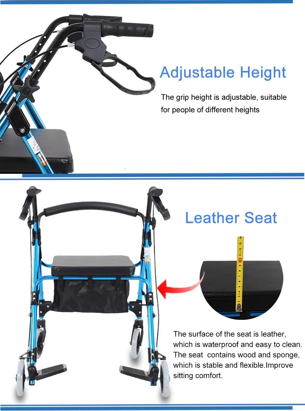 Andador con ruedas plegable azul 2 en 1 para personas mayores, silla de ruedas portátil resistente con ruedas grandes, asiento, freno y respaldo, andador plegable para compartir