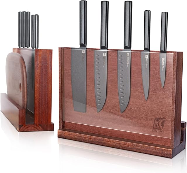 Magnetic Knife Block, Natural Wooden Knives Holder Rack with Double Sided Magnetic and Transparent Acrylic Protection Shield for Kitchen Multifunctional Storage (Without Knives&Cutting Board