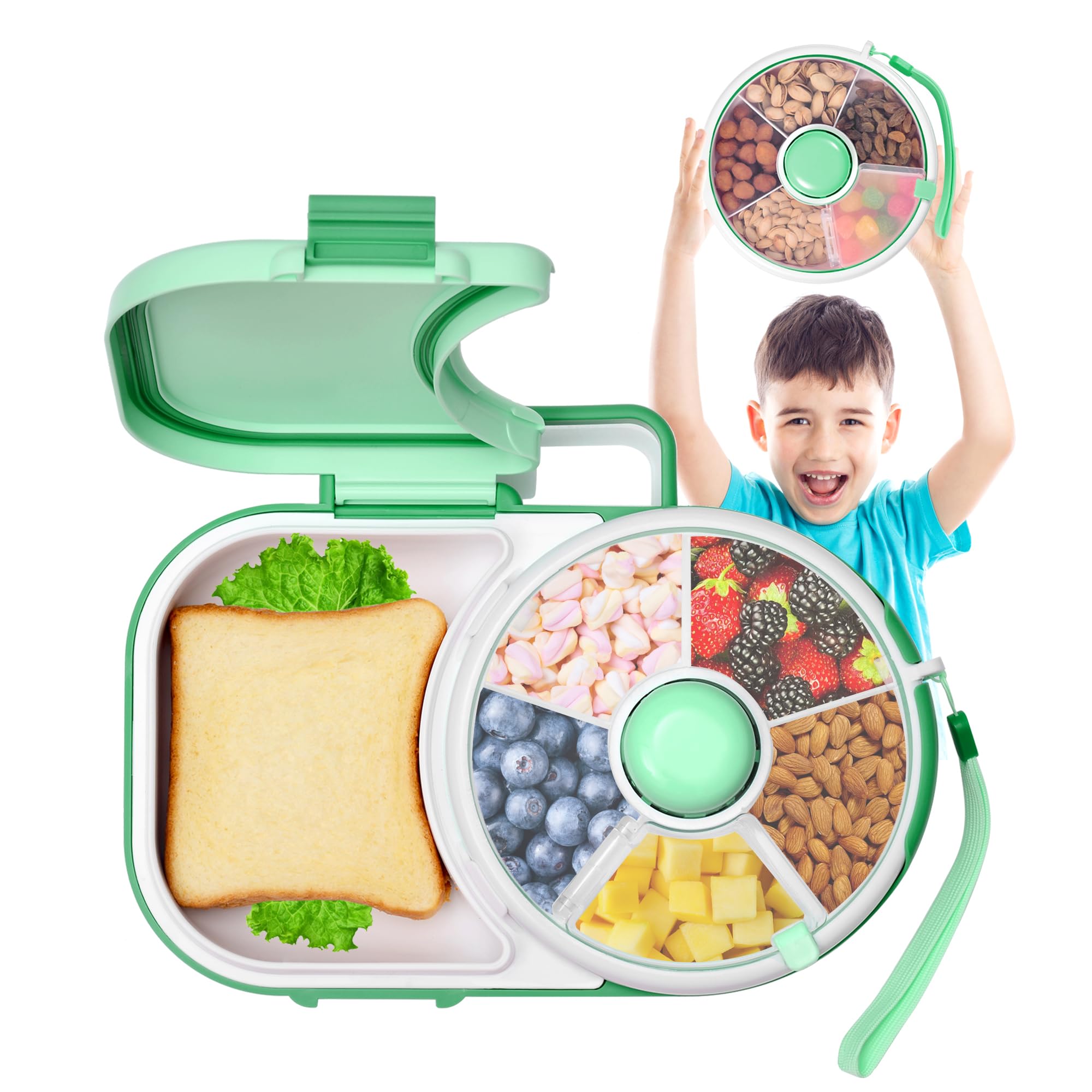 Vefacion Snackbox mit Fächern Kinder Snack Spinner Satz Tragbares Siegel Deckel Snackteller Multifunktionale Baby Brotdose Schule Jausenbox
