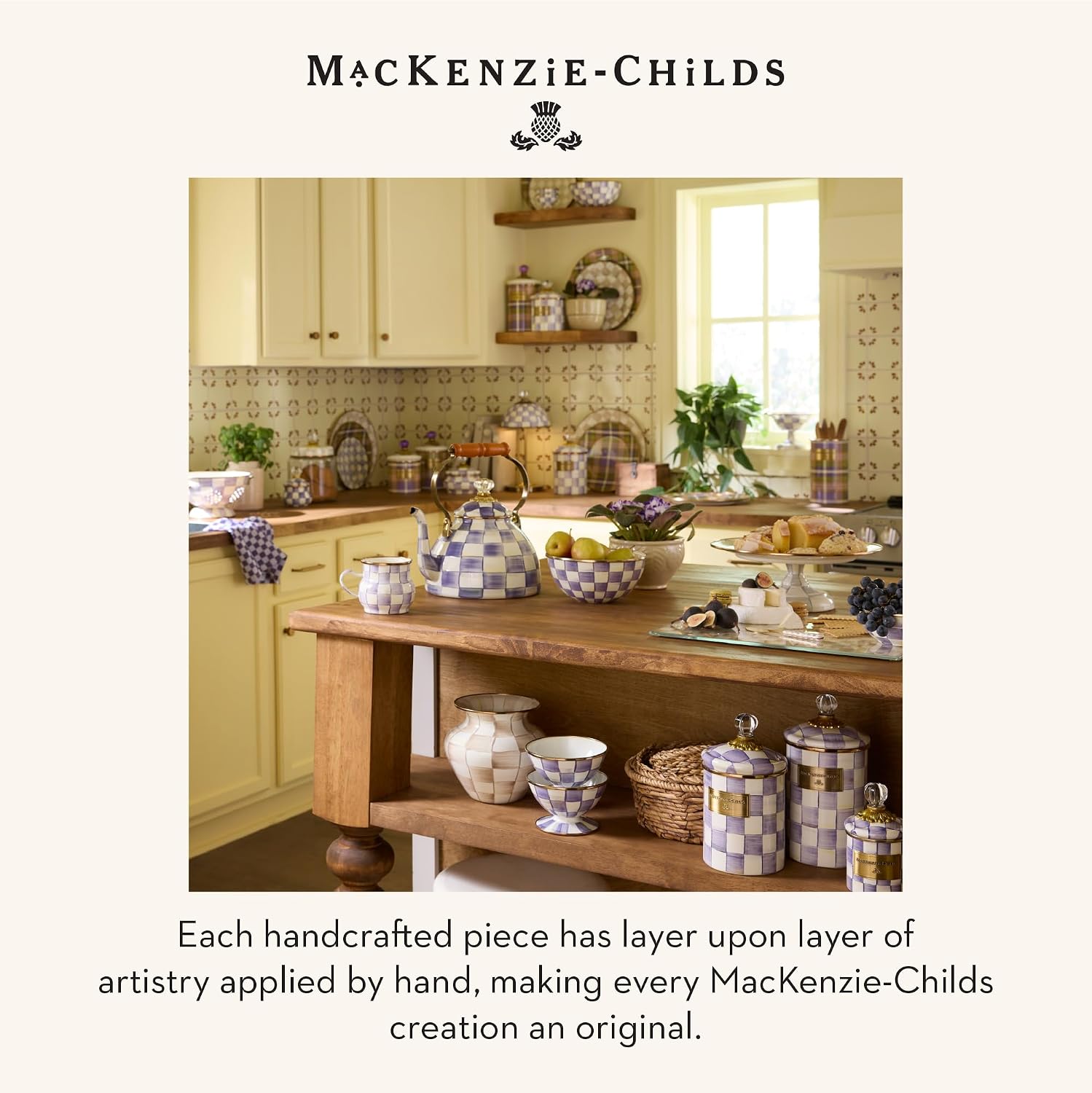 MACKENZIE-CHILDS Enamel Garden Pot, Decorative Pot for Plants, Outdoor Flowerpot Decor, Extra Large, Purple-and-White Violet Check