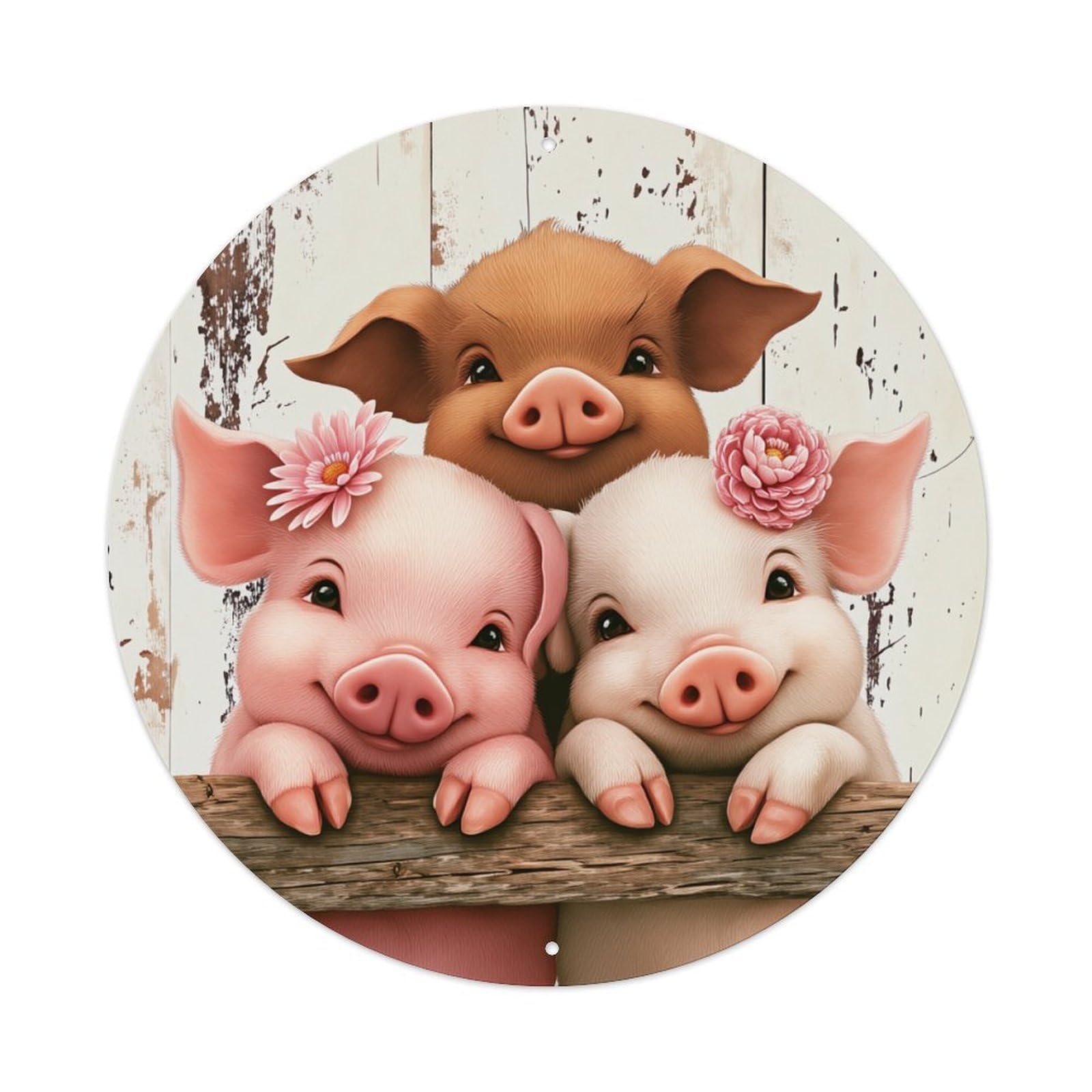 Cute Piglets With Flowers Round Tin Sign Vintage Metal Poster, Home Bar Garage Man Cave Cafe Indoor & Outdoor Wall Decoration 8x8Inches
