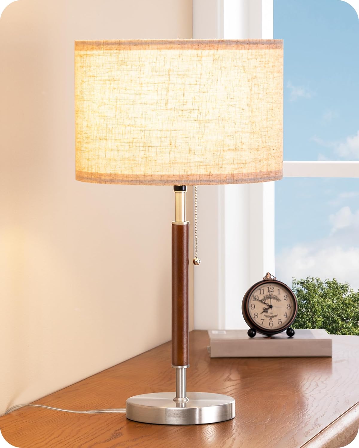 EDISHINE Mid Century Table Lamp, Solid Wood and Metal Bedside Lamp with Pull Chain Switch & Beige Linen Shade, Retro Nightstand Lamp for Bedroom Living Room End Table, E26 Base