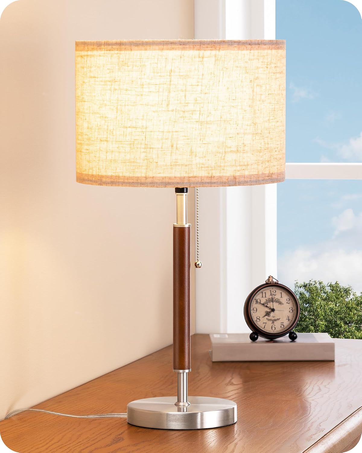 EDISHINE Mid Century Table Lamp, Solid Wood & Metal, Beige Linen Shade, E26