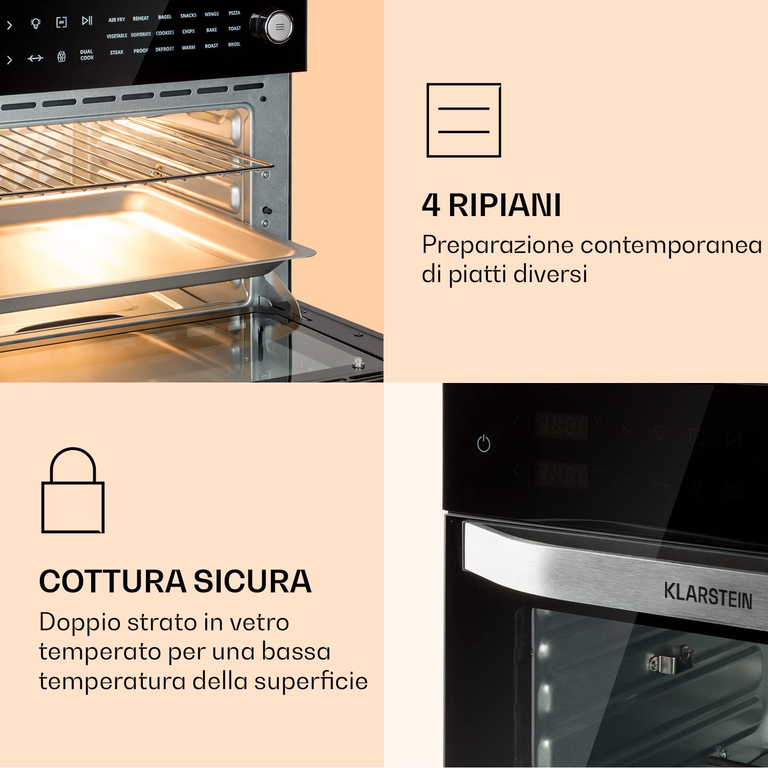 Klarstein Vigor Air - Friggitrice ad aria XXL con 1800 W, friggitrice ad aria calda da 30 litri, air fryer, 18 programmi, calore dall'alto e dal basso, nero