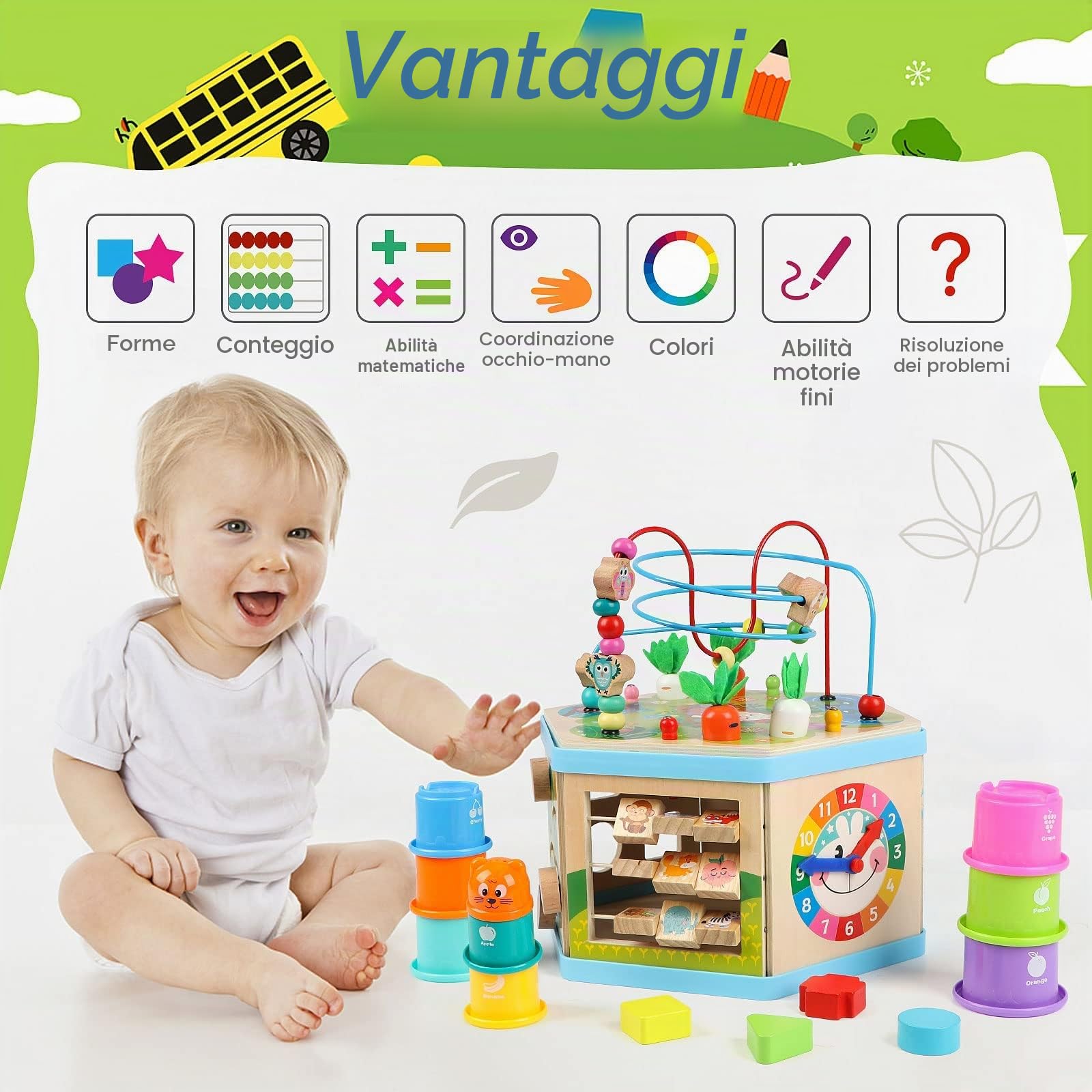 Jacootoys Cubo di attività in legno, 7 in 1, giocattolo educativo per bambini, bambini, ragazzi, ragazze