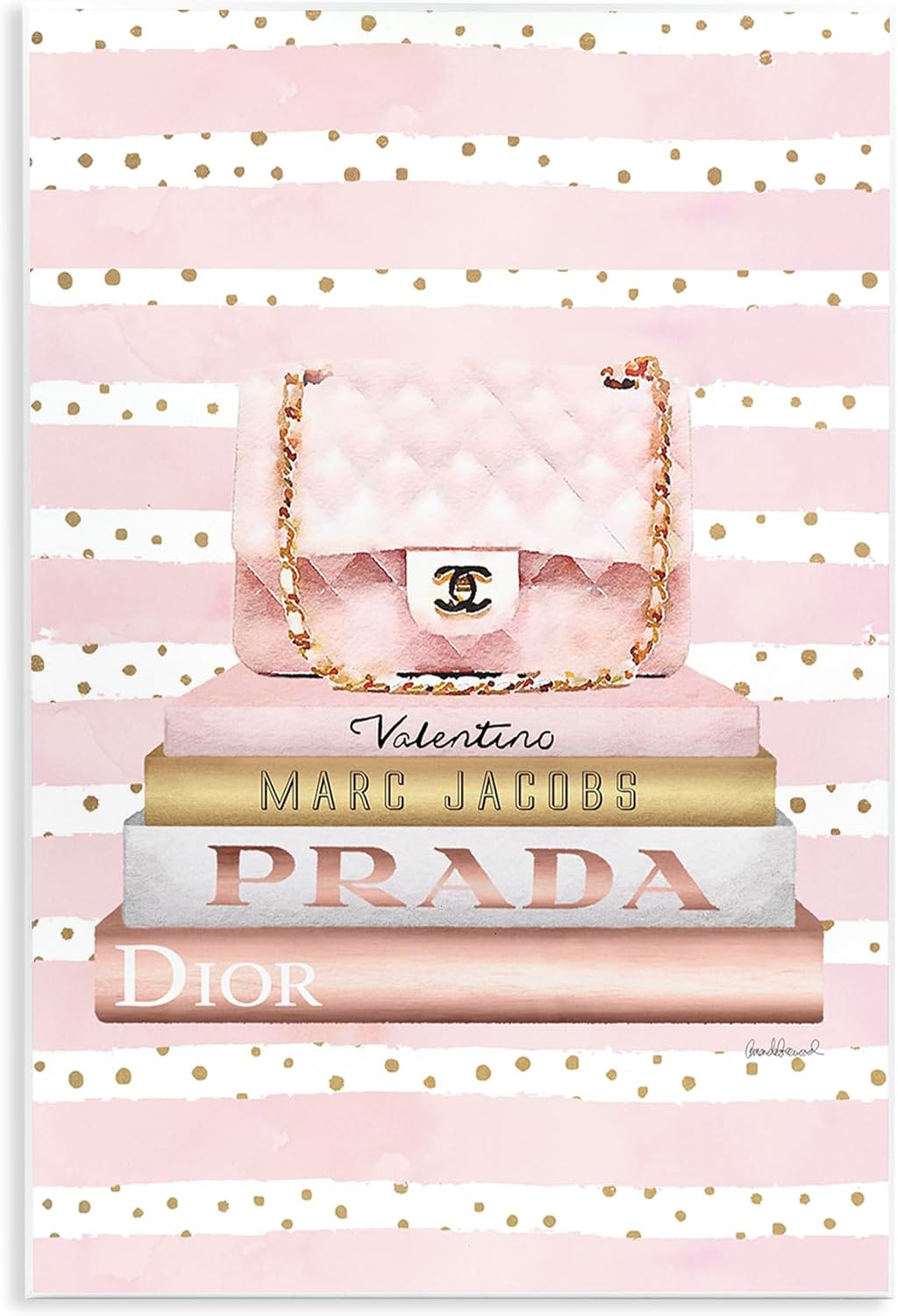 Stupell Industries 'Pink Purse Bookstack Over Stripes', Wall Plaque Art, 10 x 15 Inches, Easy to Hang and Sturdy, Made in USA, by Amanda Greenwood