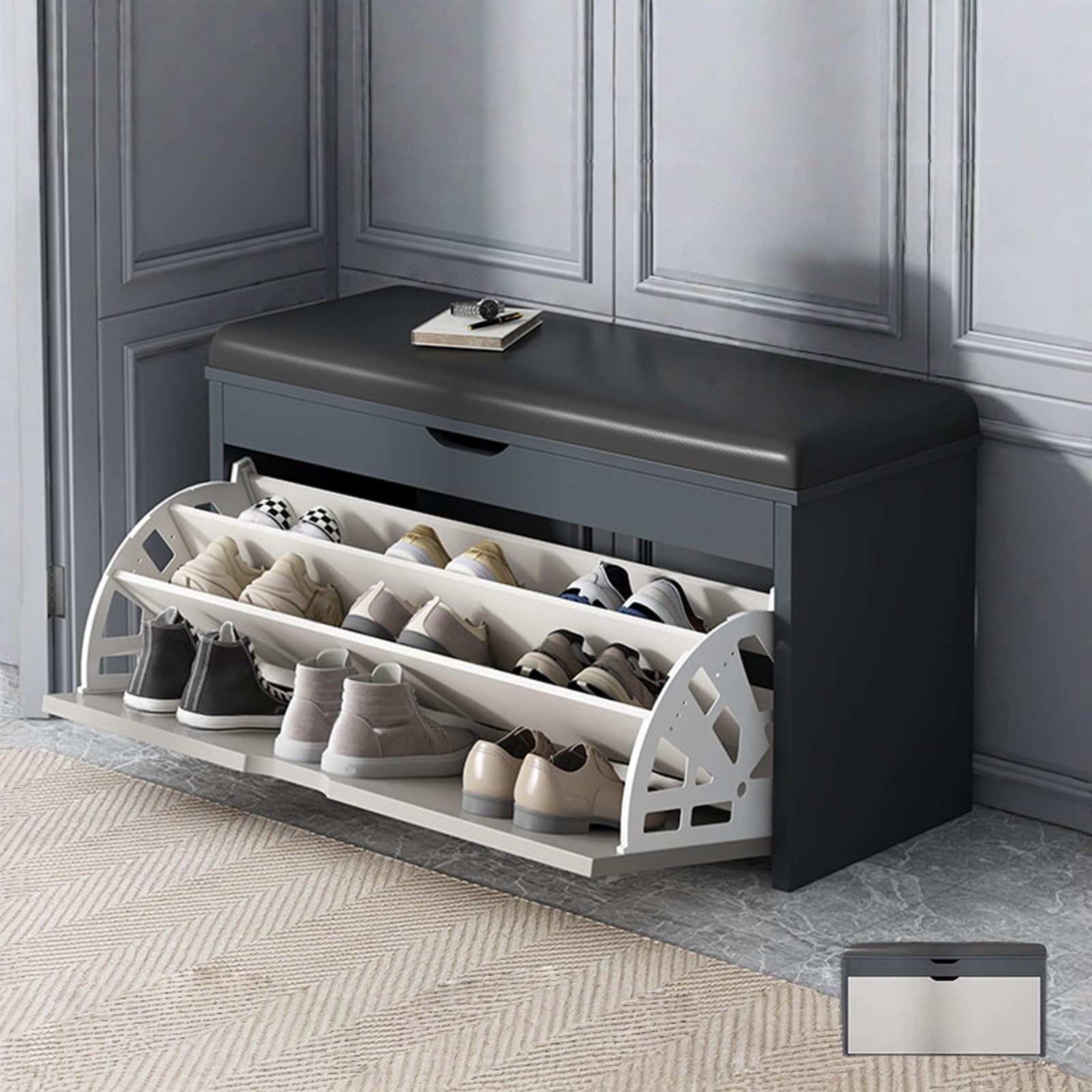 Banc de rangement à chaussures avec 3 tiroirs rabattables et coussin rembourré pour couloir