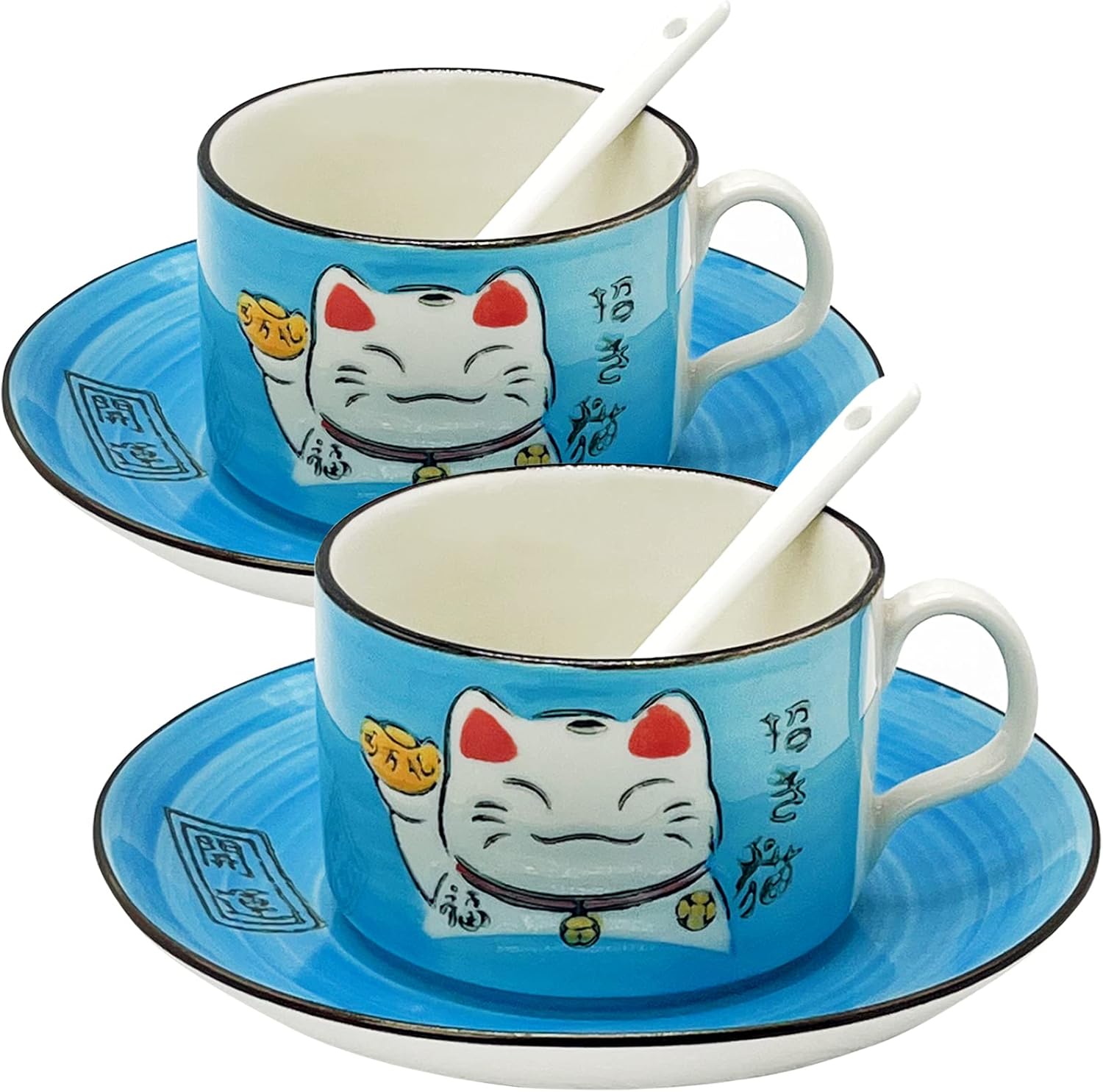 fengshuisale Fortune Cat Coffee Cup Japanese Traditional Lucky Cat Element Coffee Cup with Cup Plate Cute Coffee Cup,2 pcs a set (Blue)