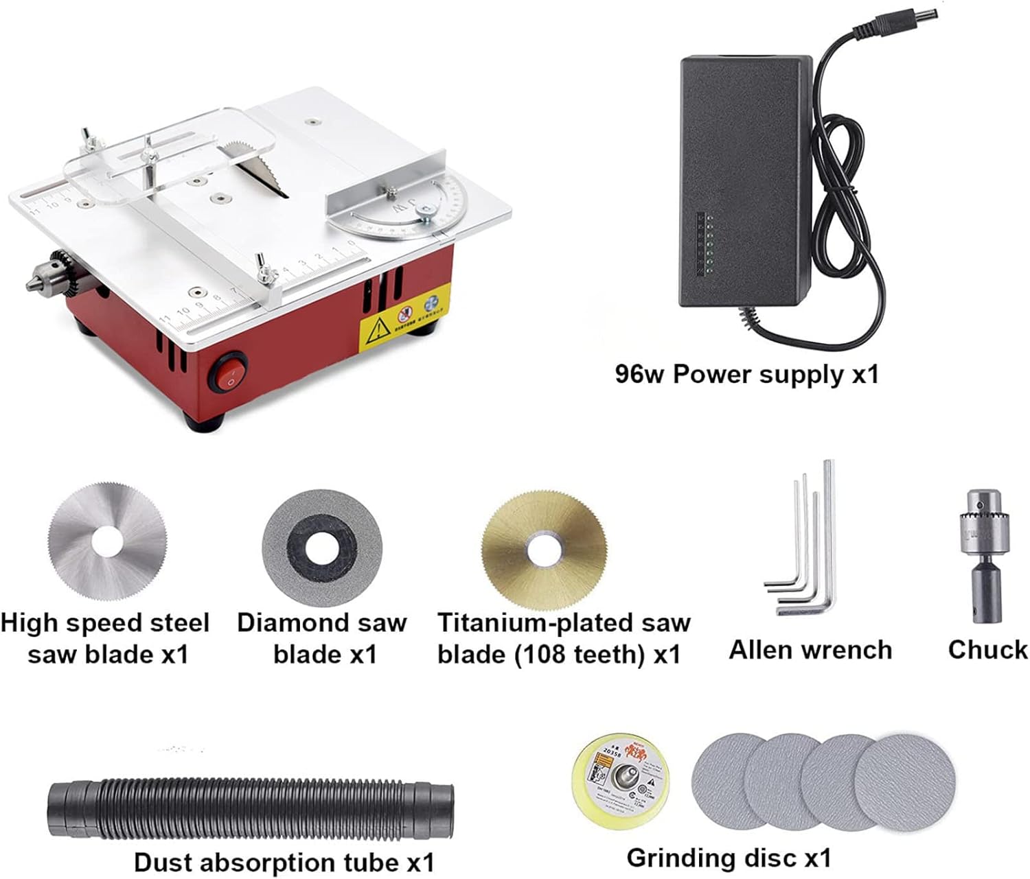 Mini Table Saw 96W Portable Precision Table Saws Adjustable Cut Depth for Hobby Craft Modelling DIY Handmade Wooden，with Chuck Grinding Disc