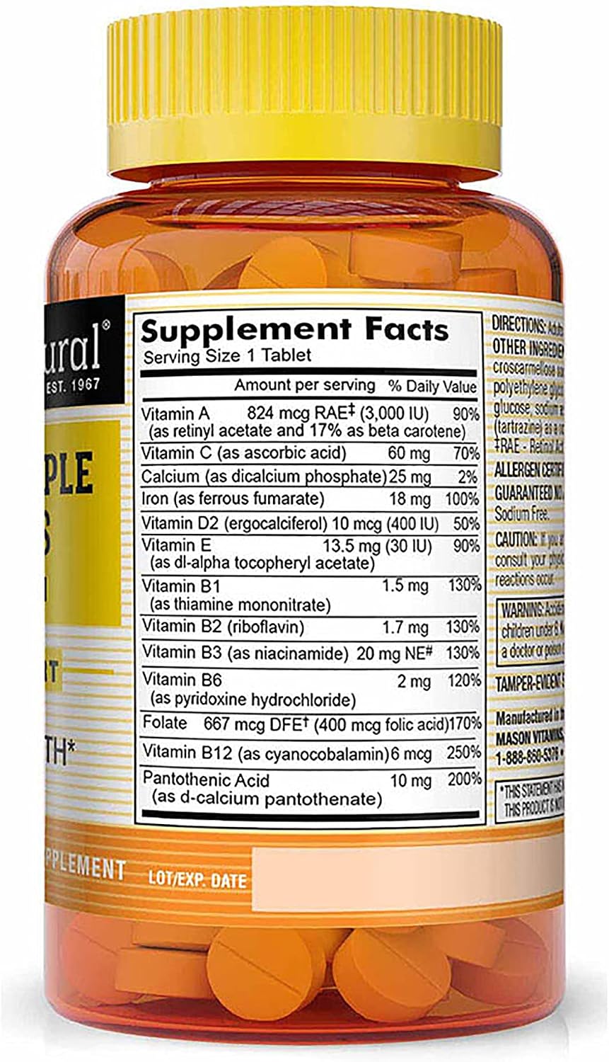 MASON NATURAL Daily Multiple Vitamins with Iron, Vitamins A, C, D, E, B1, B2, B3, B6, B12, Folate and Calcium for Overall Health, 365 Tablets