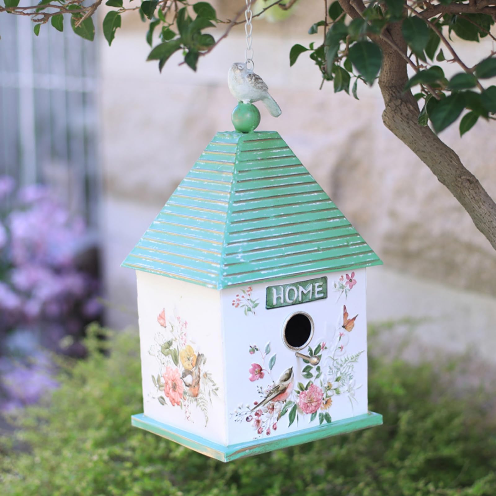Pequeña Casa Pájaros Hierro Exterior Casa Pájaros Colgante Rústico Refugio para Aves para Balcón, Patio