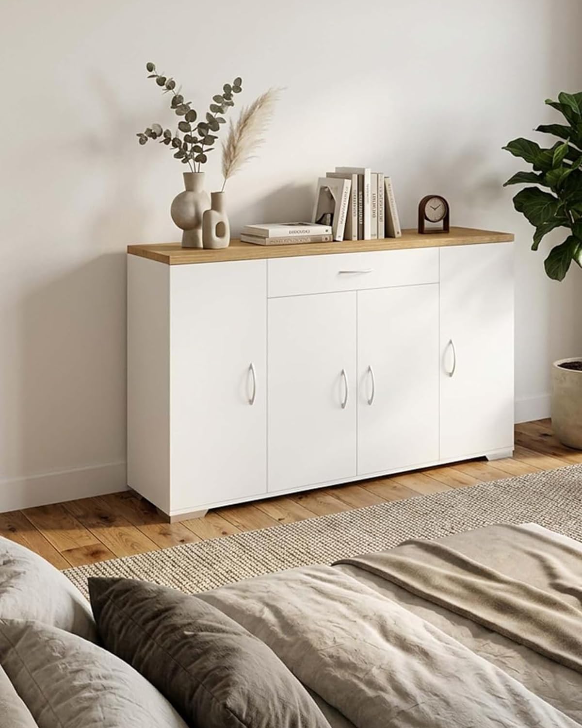 hitsuki Comò Camera da Letto Bianco con 4 Ante e 1 Cassetto 110×30×70cm | Mobile contenitore con 4 ante e 1 cassetto per organizzare biancheria, abiti e oggetti personali nella camera da letto