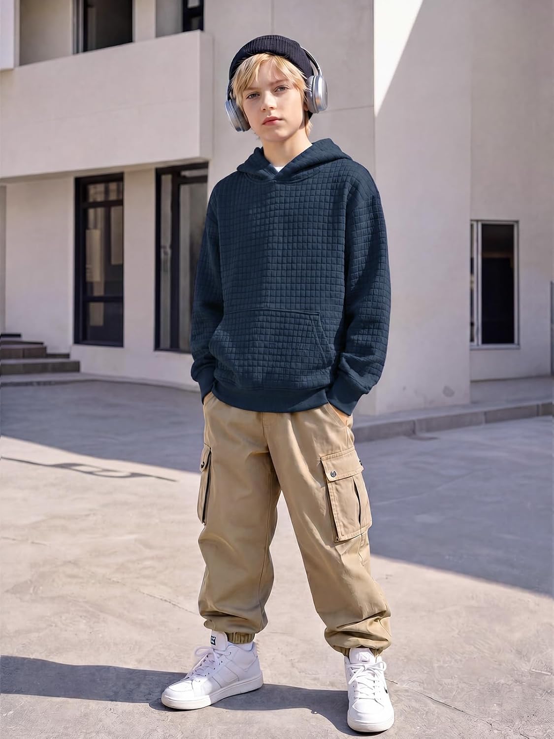 Haloumoning Boys Pullover Hoodie Sweatshirts Casual Waffle Knit Hoodies | Kids Youth Hooded Top with Kangaroo Pocket, Loose Fit, Spring Fall Lightweight Fashion Outwear 5-14 Years
