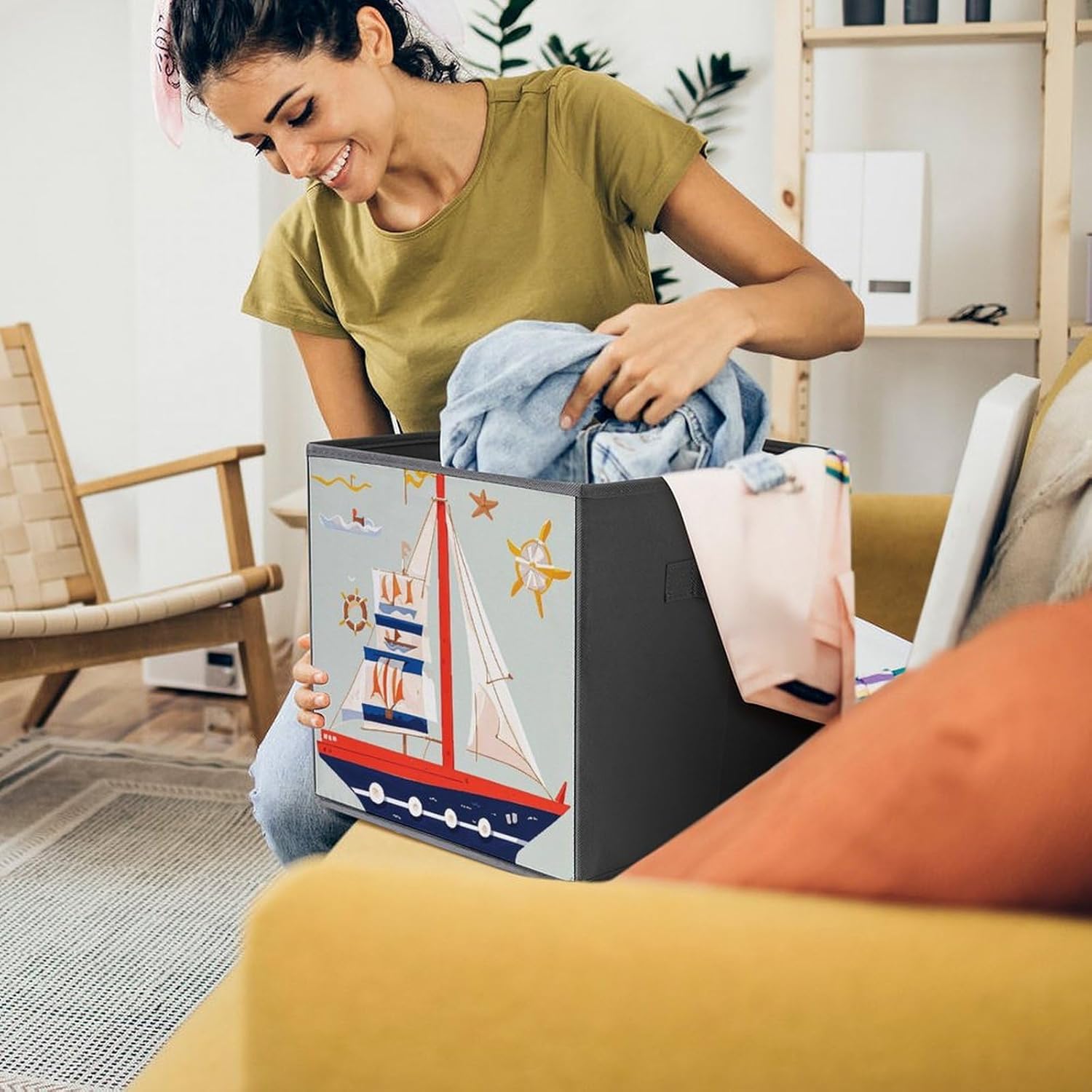 Cartoon Sailing Boat Foldable Storage Box with Handles, Durable Oxford Storage Cubes, 2PCS Collapsible Closet Organizer for Home, Shelf, Office, Travel