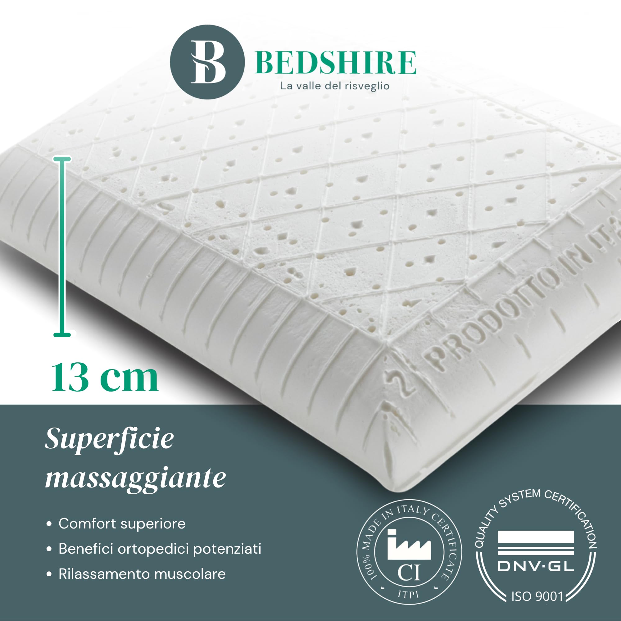Bedshire Pillow Coppia Cuscini Cervicale Ortopedico Guanciali con Imbottitura in Memory Foam HD e Federa in Cotone Sfoderabile Alti 13 cm da Letto Ergonomico per Collo Made in Italy 100%