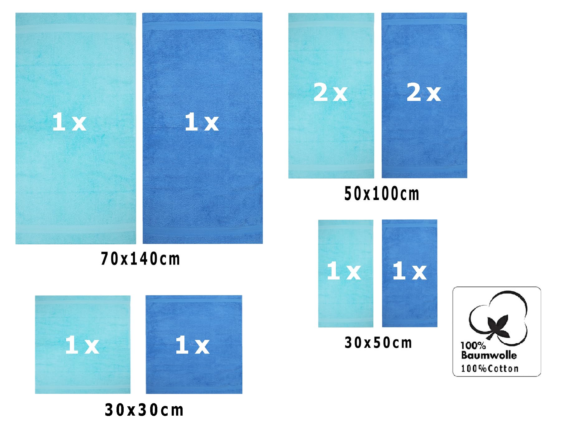 Betz Juego de 10 Toallas Classic 100% algodón 2 Toallas de baño 4 Toallas de Lavabo 2 Toallas de tocador 2 Toallas faciales Turquesa y Azul Claro