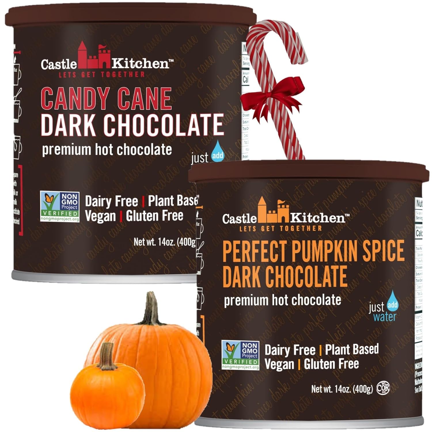 Castle Kitchen Candycane & Pumpkin Hot Chocolate Combo (1 of Each) - Dairy Free, Vegan Hot Cocoa Mix made With Decadent Dark Chocolate and Natural Flavors - No Artificial Sweeteners - Just Add Water