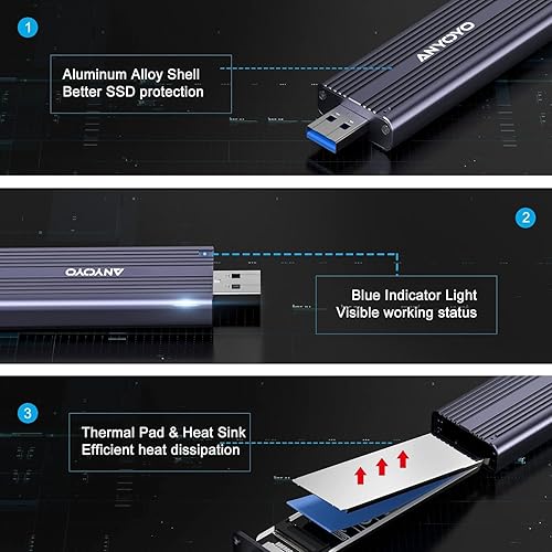 Miniatura 6 de ANYOYO Carcasa SSD SATA M.2 NVME, USB 3.2 Gen 2 10 Gbps Carcasa de unidad de estado sólido para 2242 2260 2280 M.2 NVME/SATA SSD con M-Key o M+B Key